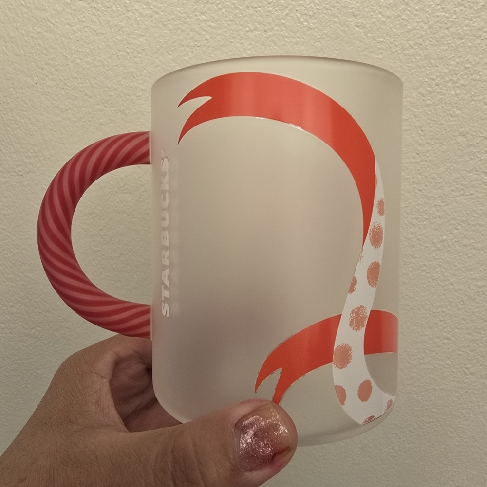 NWT Starbucks LATAM Holiday Frosted Glass Mug Red and White Polka Dot Bow, 14 Oz - Picture 2 of 5
